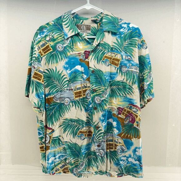 Kalaheo Hawaiian Shirt Palms Trees & Woodies Rayon Size Medium Made in Hawaii - Picture 1 of 7